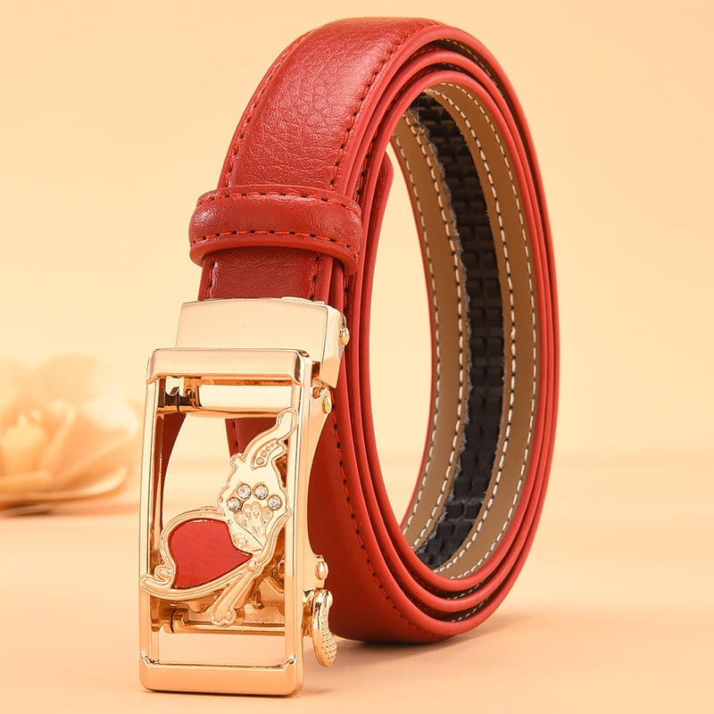 Sieviešu ādas josta ar automātisku sprādzi, divslāņaina liellopa āda, sakausējums sprādze, vienkrāsains raksts