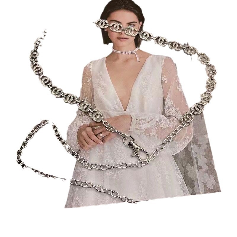 Moteriška juosmens grandinė su perlais ir krištolais, metalinė, vienos kilpos dizainas