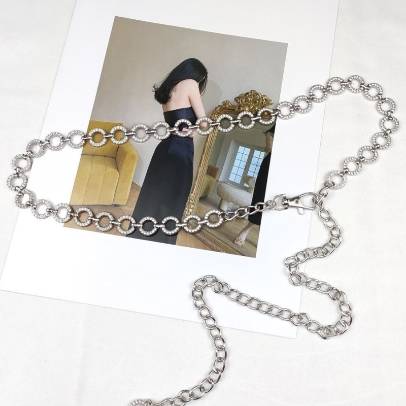 Moteriška juosmens grandinė su perlais ir krištolais, metalinė, vienos kilpos dizainas