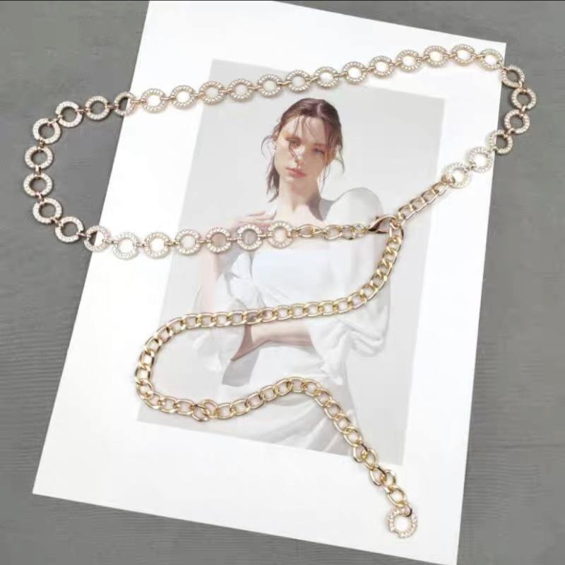 Moteriška juosmens grandinė su perlais ir krištolais, metalinė, vienos kilpos dizainas