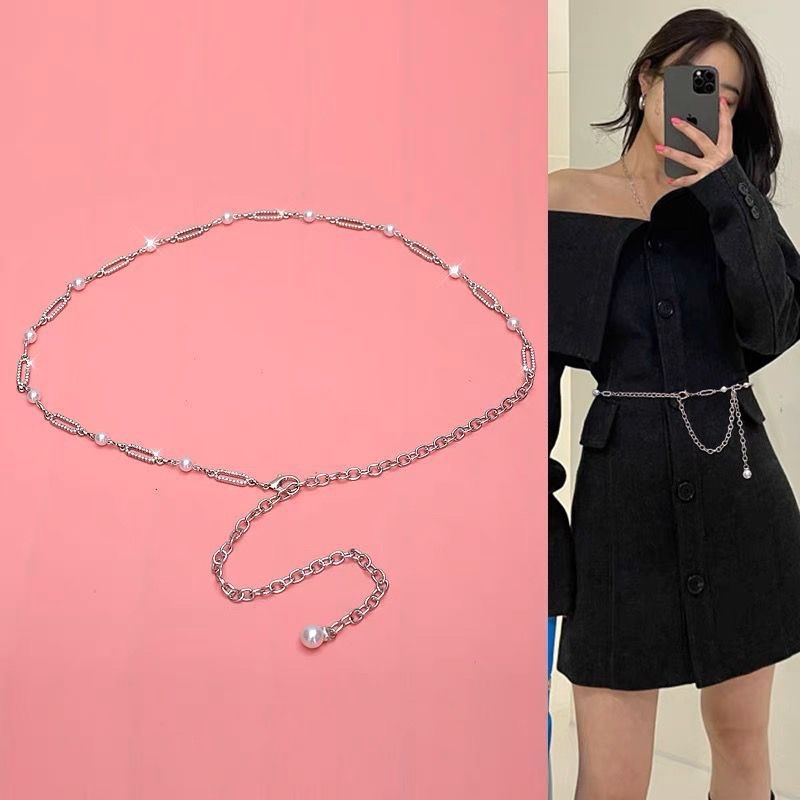 Moteriška juosmens grandinė su perlais ir krištolais, metalinė, vienos kilpos dizainas