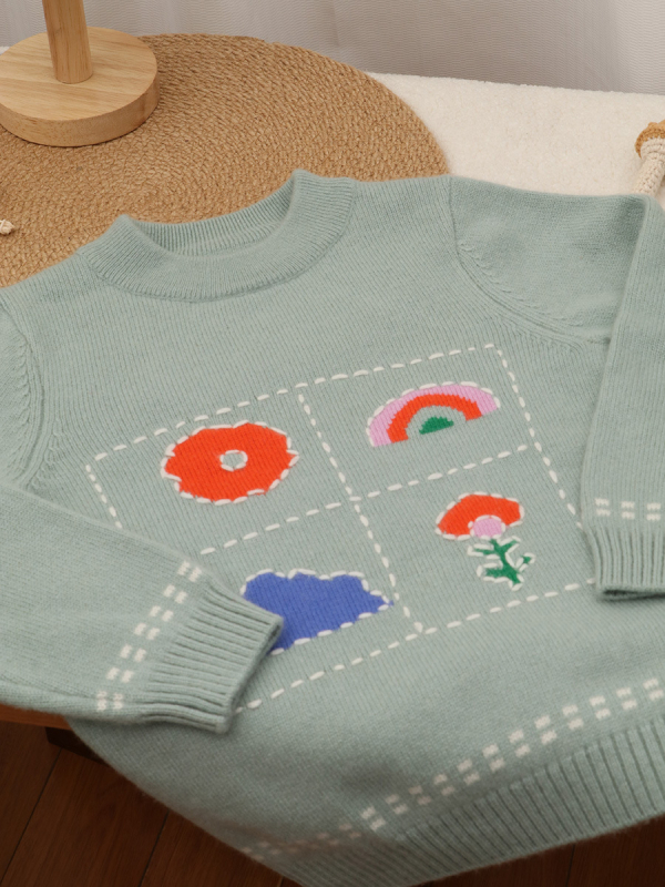 Vaikų kašmyro megztinis, storas megztimo audinys, apvalus kaklas, ilgos rankovės, dryžių/karikatūrų/abstraktus raštų, švelnus fliso paviršius, enziminis skalbimas, Korėjietiškas stilius, amžiaus grupė 3–8 m, 100% kašmyras.