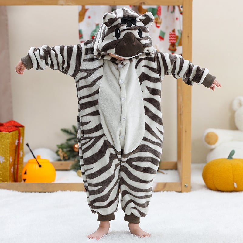 Vaikų flanelinis kombinezonas su animaciniais gyvūnais, gobtuvė, ilgos rankovės, priekinė sagų uždarymas, 100% poliesteris, 3–8 metų vaikams