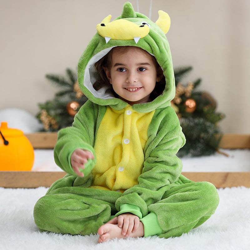 Vaikų flanelinis kombinezonas su animaciniais gyvūnais, gobtuvė, ilgos rankovės, priekinė sagų uždarymas, 100% poliesteris, 3–8 metų vaikams