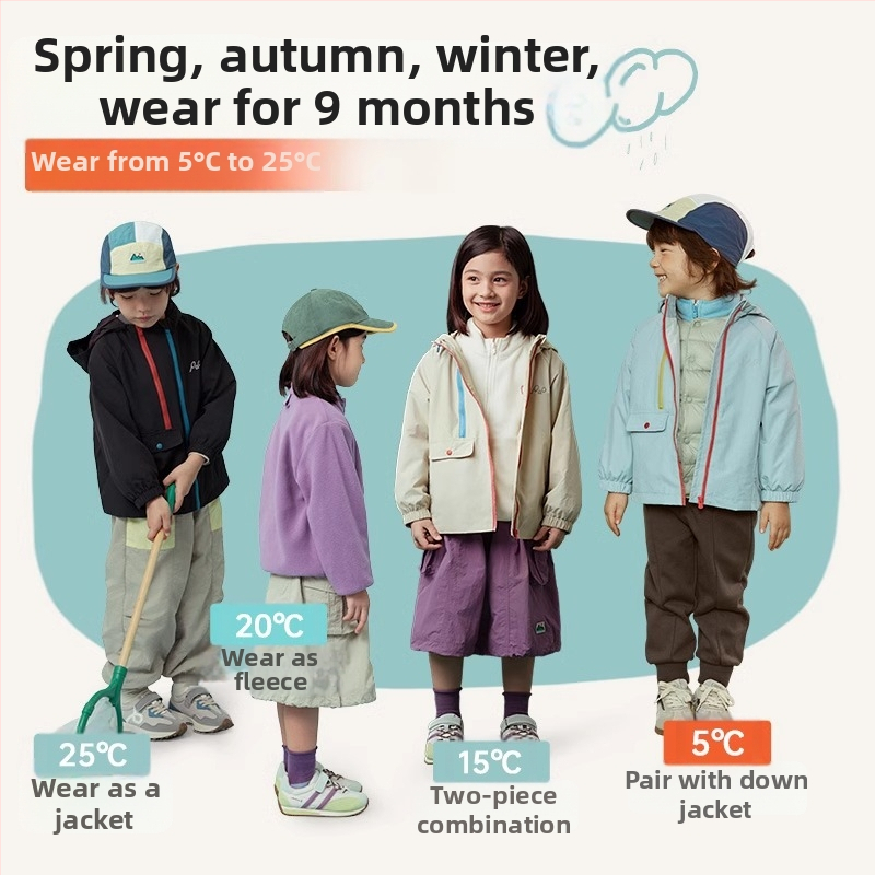 Vaikų vandeniui atspari striukė su gobtuvu, dviejų dalių komplektas – nailoninis audinys su PU danga ir nuimama polar fleece vidinė apdaila; atsparumas vandeniui 1500 mm; tinkama 3–4 metų vaikams