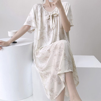 Noćna haljina s cvjetnim dezenom, mješavina pamuka i svile, kratki rukavi, okrugli izrez