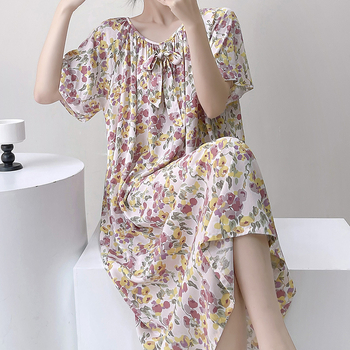 Noćna haljina s cvjetnim dezenom, mješavina pamuka i svile, kratki rukavi, okrugli izrez