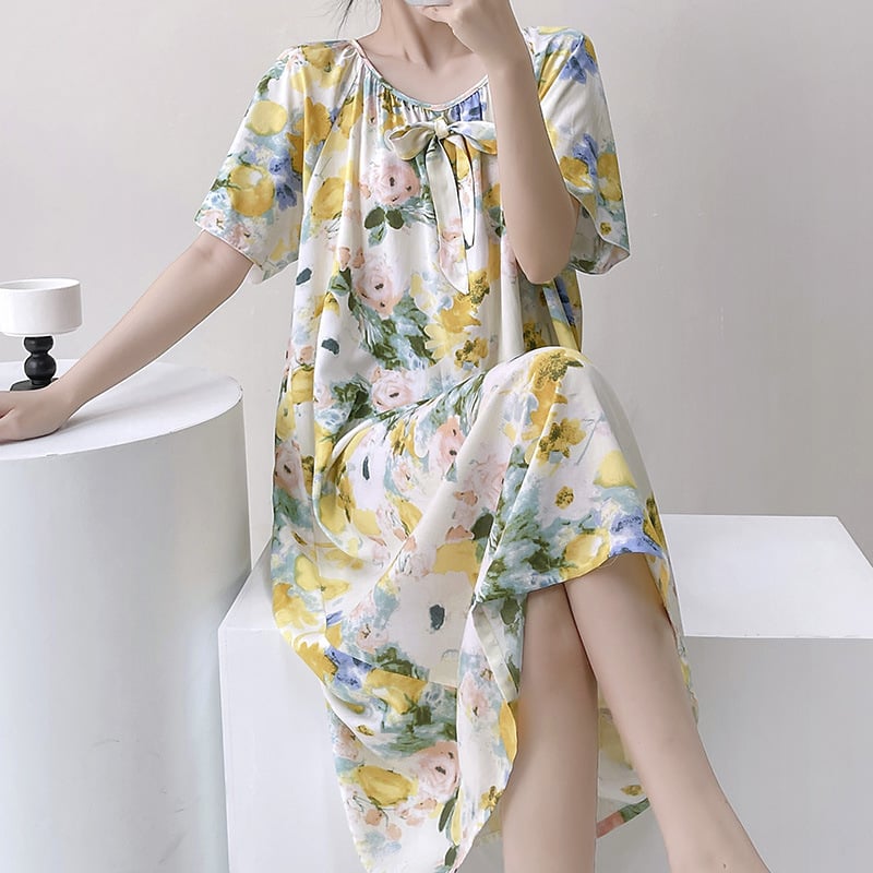 Noćna haljina s cvjetnim dezenom, mješavina pamuka i svile, kratki rukavi, okrugli izrez