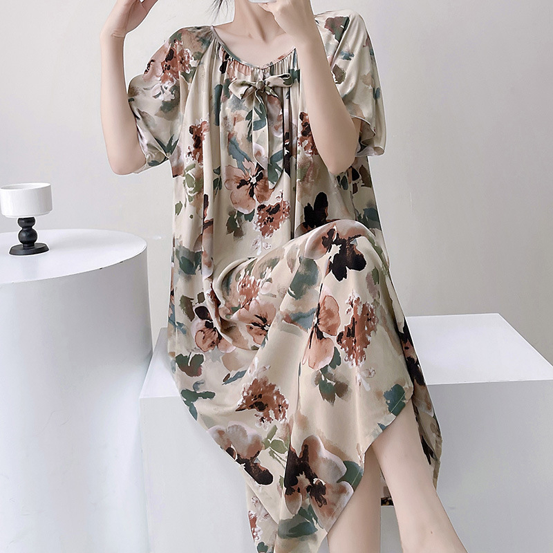 Noćna haljina s cvjetnim dezenom, mješavina pamuka i svile, kratki rukavi, okrugli izrez