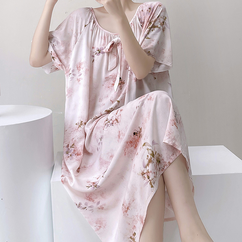 Noćna haljina s cvjetnim dezenom, mješavina pamuka i svile, kratki rukavi, okrugli izrez