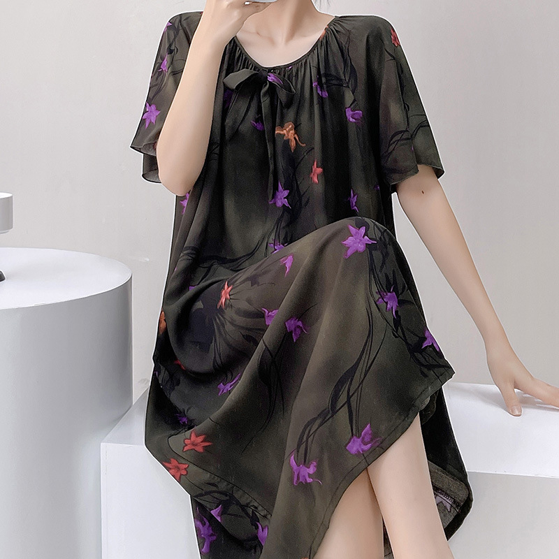 Noćna haljina s cvjetnim dezenom, mješavina pamuka i svile, kratki rukavi, okrugli izrez