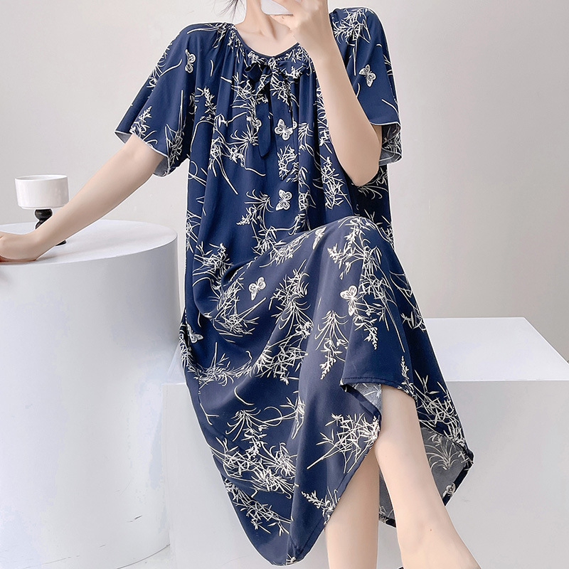 Noćna haljina s cvjetnim dezenom, mješavina pamuka i svile, kratki rukavi, okrugli izrez