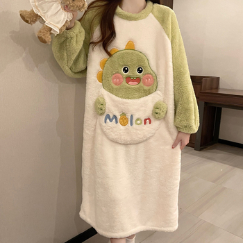 Γυναικείο νυχτικό από coral fleece, χοντρή επένδυση, καρτούν σχέδιο, μεσαίου μήκους, μακριά μανίκια