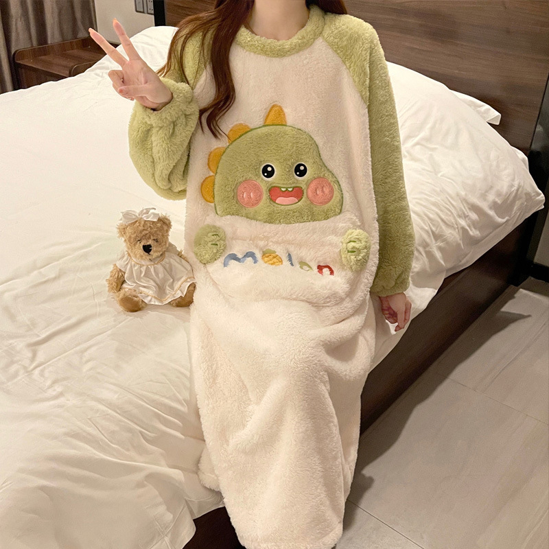 Γυναικείο νυχτικό από coral fleece, χοντρή επένδυση, καρτούν σχέδιο, μεσαίου μήκους, μακριά μανίκια