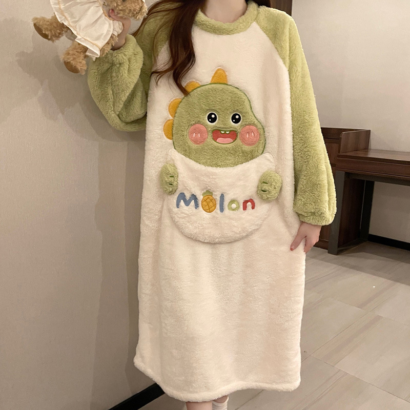 Γυναικείο νυχτικό από coral fleece, χοντρή επένδυση, καρτούν σχέδιο, μεσαίου μήκους, μακριά μανίκια