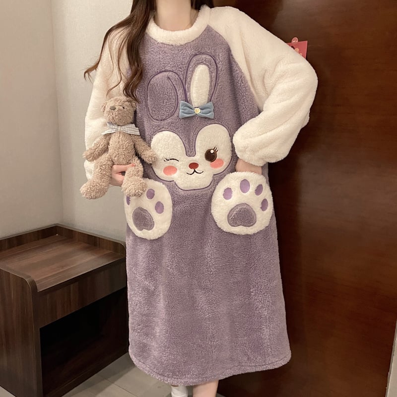Γυναικείο νυχτικό από coral fleece, χοντρή επένδυση, καρτούν σχέδιο, μεσαίου μήκους, μακριά μανίκια