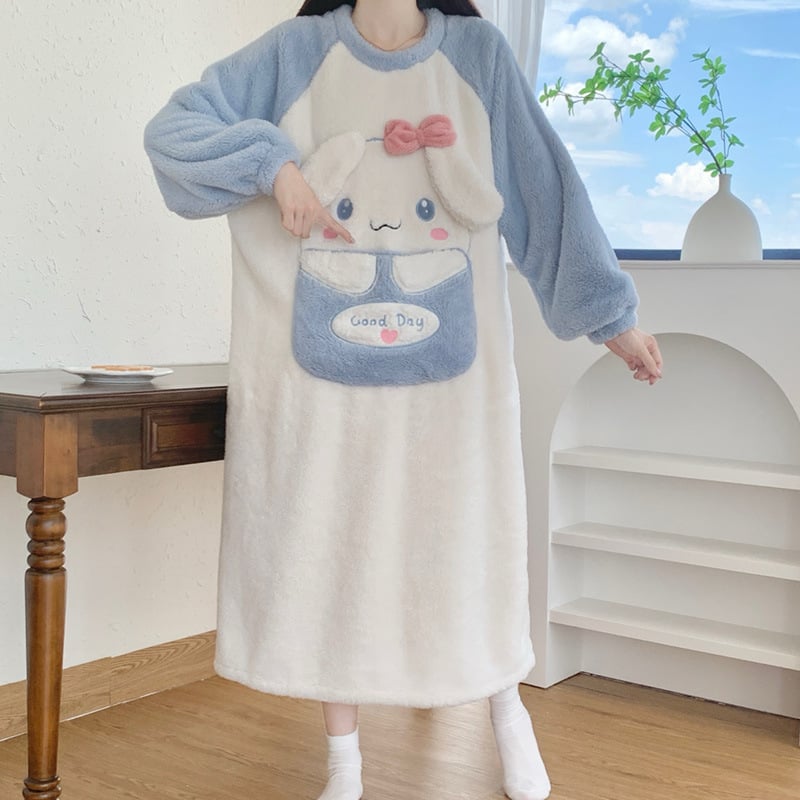 Γυναικείο νυχτικό από coral fleece, χοντρή επένδυση, καρτούν σχέδιο, μεσαίου μήκους, μακριά μανίκια