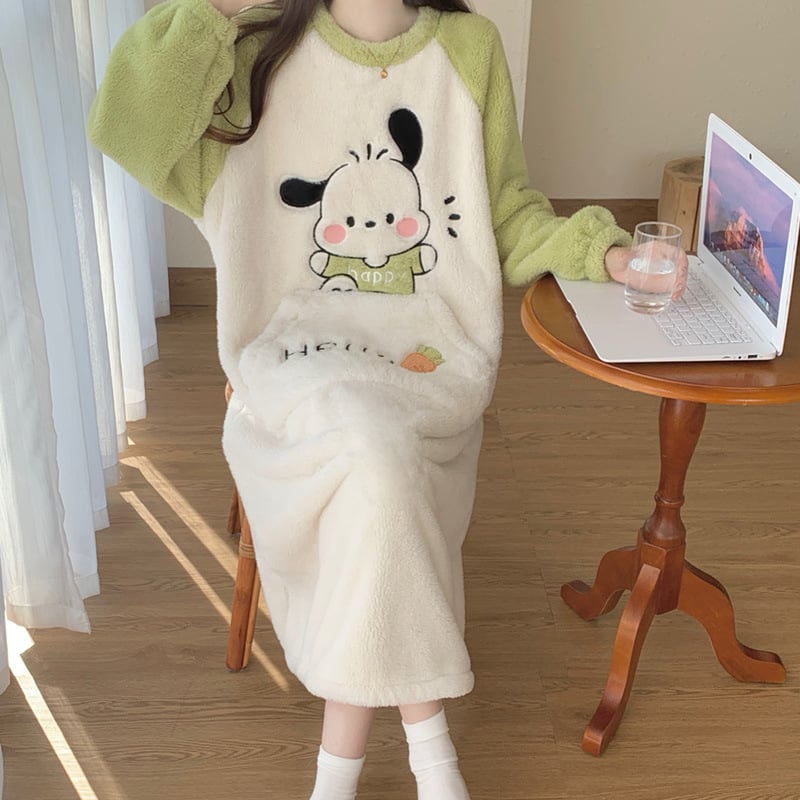 Γυναικείο νυχτικό από coral fleece, χοντρή επένδυση, καρτούν σχέδιο, μεσαίου μήκους, μακριά μανίκια