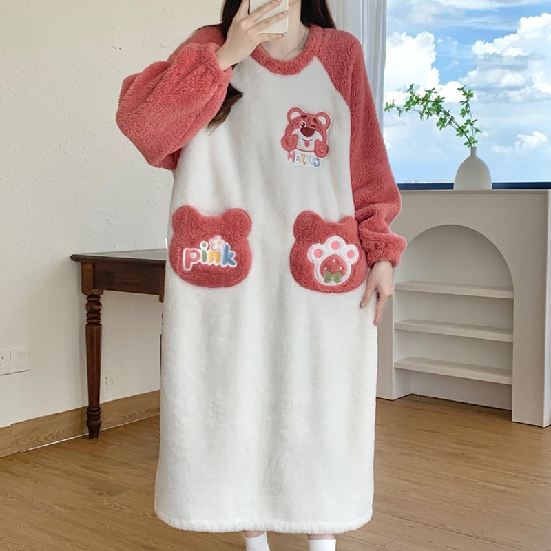 Γυναικείο νυχτικό από coral fleece, χοντρή επένδυση, καρτούν σχέδιο, μεσαίου μήκους, μακριά μανίκια