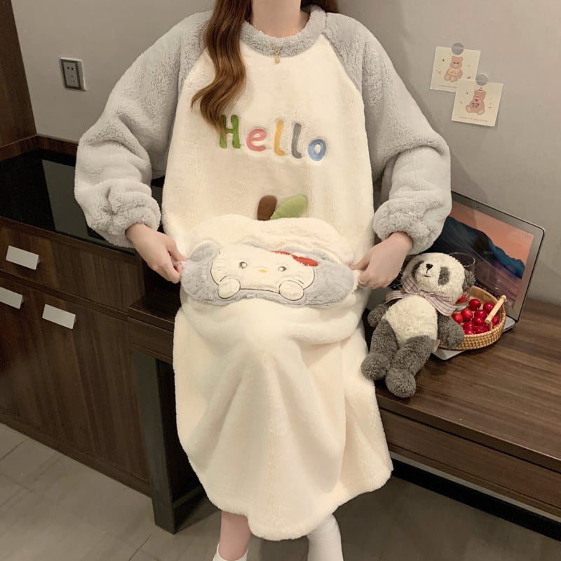 Γυναικείο νυχτικό από coral fleece, χοντρή επένδυση, καρτούν σχέδιο, μεσαίου μήκους, μακριά μανίκια