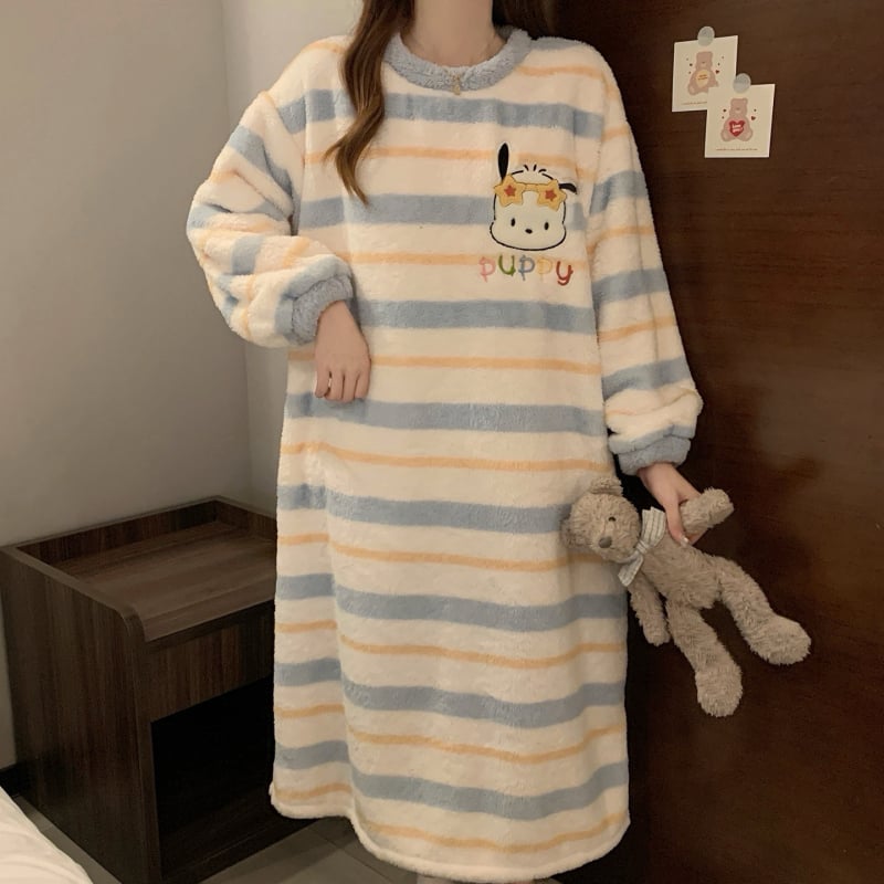 Γυναικείο νυχτικό από coral fleece, χοντρή επένδυση, καρτούν σχέδιο, μεσαίου μήκους, μακριά μανίκια