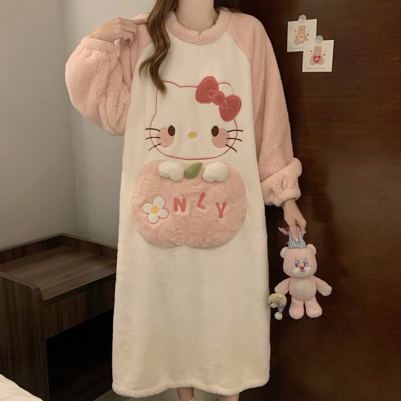 Γυναικείο νυχτικό από coral fleece, χοντρή επένδυση, καρτούν σχέδιο, μεσαίου μήκους, μακριά μανίκια