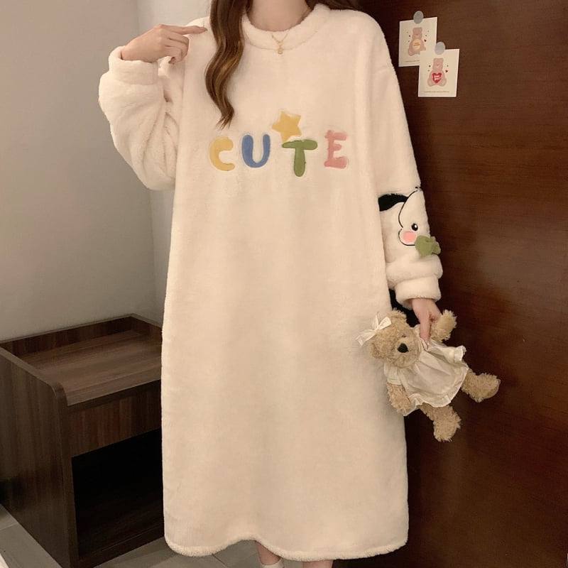 Γυναικείο νυχτικό από coral fleece, χοντρή επένδυση, καρτούν σχέδιο, μεσαίου μήκους, μακριά μανίκια