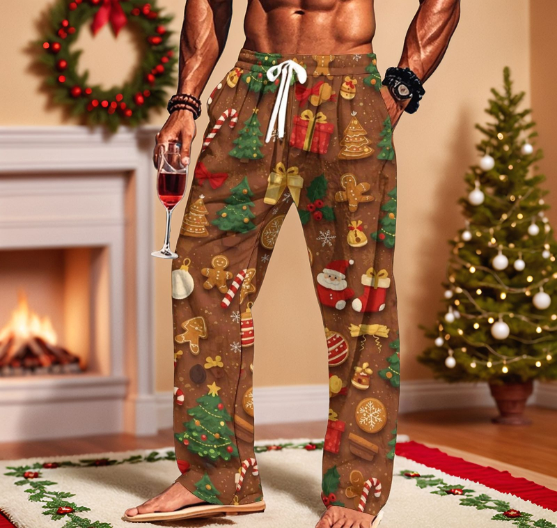 Vīriešu 3D digitālās drukas sporta bikses, brīva piegriezuma, vidējā josta, taisnas kājas, 92% poliesters