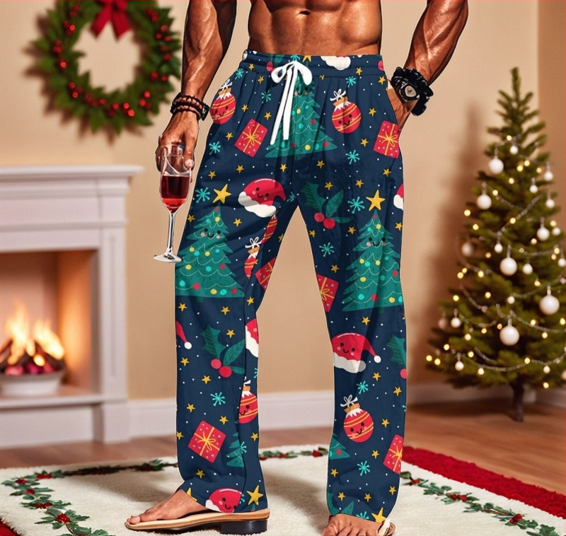 Vīriešu 3D digitālās drukas sporta bikses, brīva piegriezuma, vidējā josta, taisnas kājas, 92% poliesters