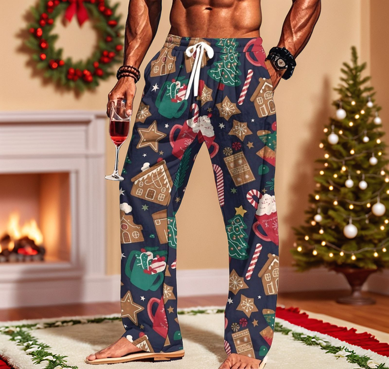 Vīriešu 3D digitālās drukas sporta bikses, brīva piegriezuma, vidējā josta, taisnas kājas, 92% poliesters