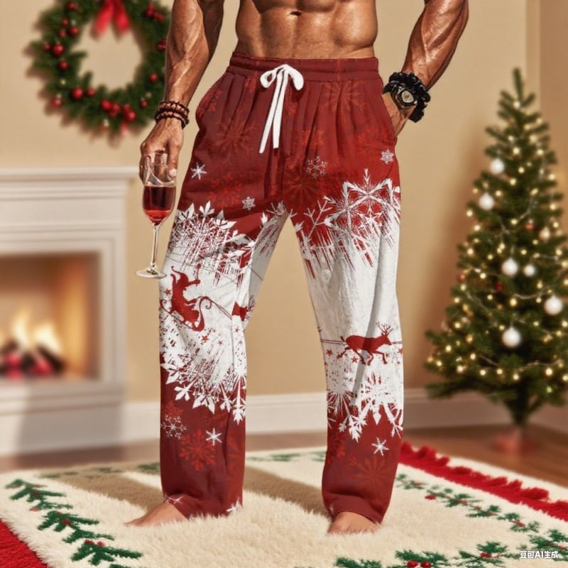 Vīriešu 3D digitālās drukas sporta bikses, brīva piegriezuma, vidējā josta, taisnas kājas, 92% poliesters