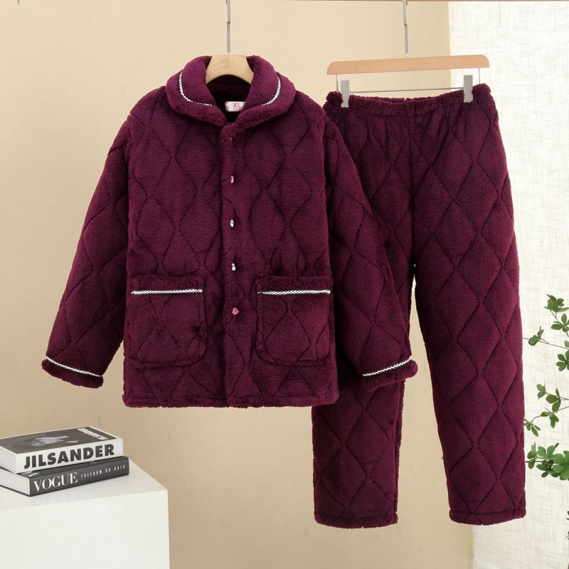 Γυναικείο χειμερινό σετ πιτζάμες από ελαστικό βαμβάκι, εξτρα-παχύ ύφασμα, μακριά μανίκια, τετράγωνη λαιμόκοψη, μεσαίο μήκος φούστας, διατηρεί τη ζέστη