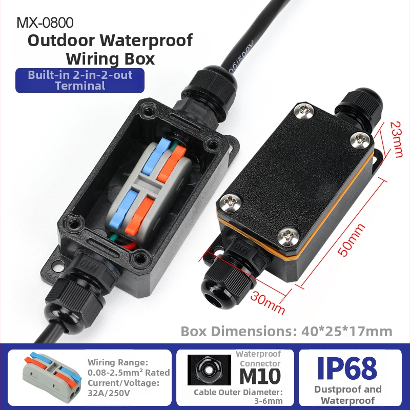 MX-0800 Ārējā ūdensdroša kabelu kastīte ar ātru termināļa bloku, IP68, gatava iegremdēšanai, versijas 2 ievadi/2 izejas vai 2 ievadi/4 izejas