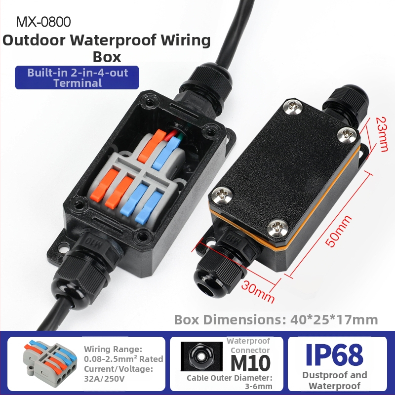 MX-0800 Ārējā ūdensdroša kabelu kastīte ar ātru termināļa bloku, IP68, gatava iegremdēšanai, versijas 2 ievadi/2 izejas vai 2 ievadi/4 izejas