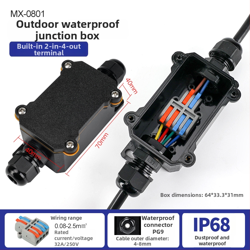 MX-0800 Ārējā ūdensdroša kabelu kastīte ar ātru termināļa bloku, IP68, gatava iegremdēšanai, versijas 2 ievadi/2 izejas vai 2 ievadi/4 izejas