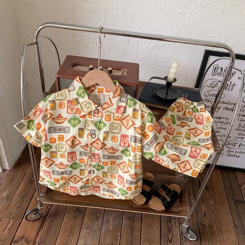 Vaikų dviejų dalių trumpom rankovėm komplektas — 100% poliesteris, karikatūrų raštas, drėgmės pašalinimas