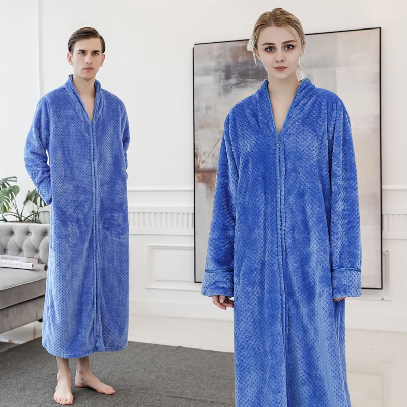 Φλανελένιο μακρύ νυχτικό-ρόμπα για ζευγάρια, παχύ ύφασμα 251–300 g/m², 100% πολυεστέρας, V-λαιμό, μακριά μανίκια