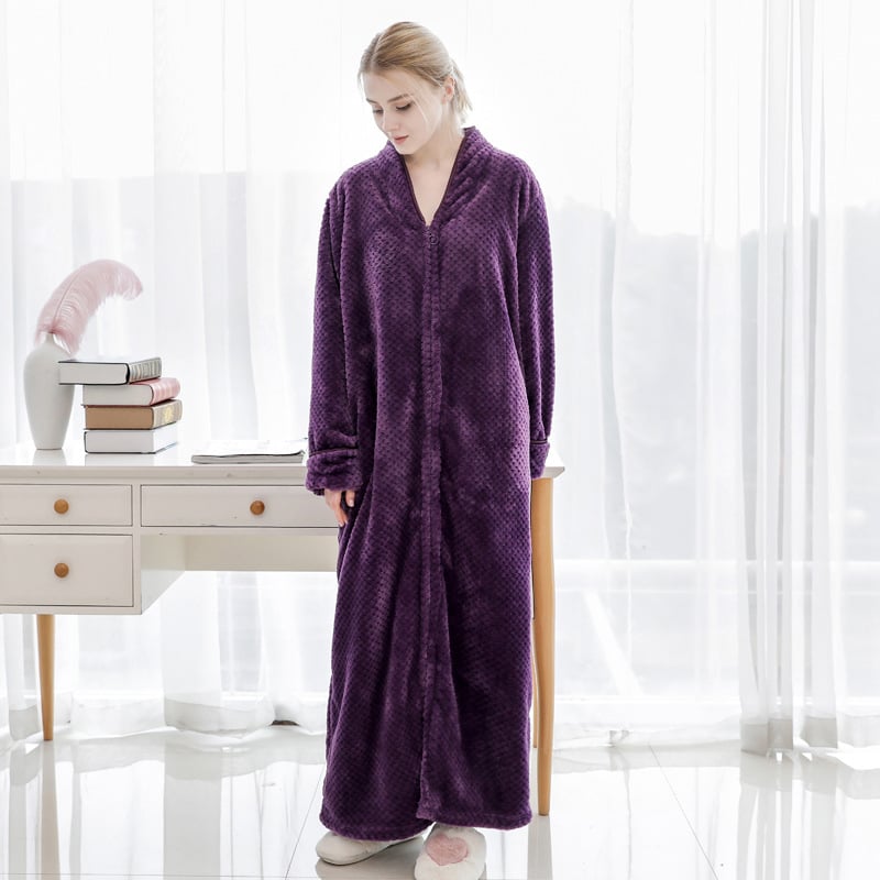 Φλανελένιο μακρύ νυχτικό-ρόμπα για ζευγάρια, παχύ ύφασμα 251–300 g/m², 100% πολυεστέρας, V-λαιμό, μακριά μανίκια