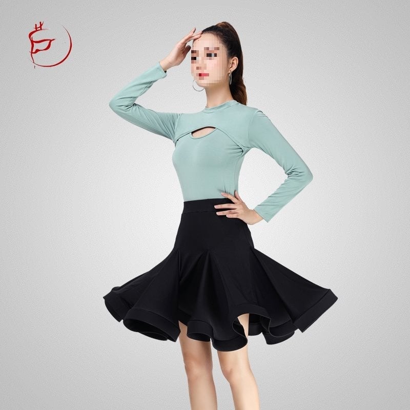 Комплект за латински танци за тренировка (горнище със среден ръкав и пола с голям силует) – пролет 2025, PVC плат, до 30% съдържание, китайски стил, литературно ретро дизайн