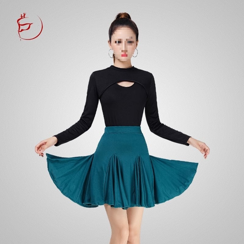 Комплект за латински танци за тренировка (горнище със среден ръкав и пола с голям силует) – пролет 2025, PVC плат, до 30% съдържание, китайски стил, литературно ретро дизайн