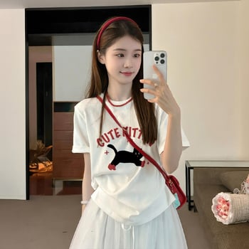 Sieviešu īsrokas T-krekls, Korejas stilā, anime apdruka, Milk Silk audums (≥95% poliester), vidējais garums