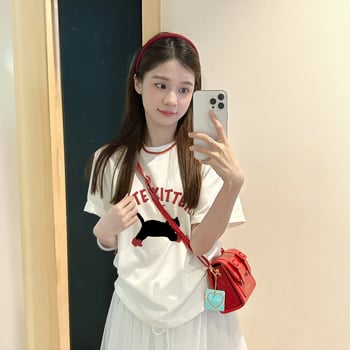 Sieviešu īsrokas T-krekls, Korejas stilā, anime apdruka, Milk Silk audums (≥95% poliester), vidējais garums