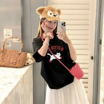 Sieviešu īsrokas T-krekls, Korejas stilā, anime apdruka, Milk Silk audums (≥95% poliester), vidējais garums