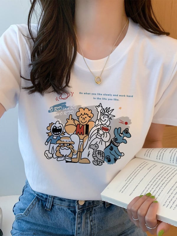 Sieviešu īsrokas T-krekls, Korejas stilā, anime apdruka, Milk Silk audums (≥95% poliester), vidējais garums