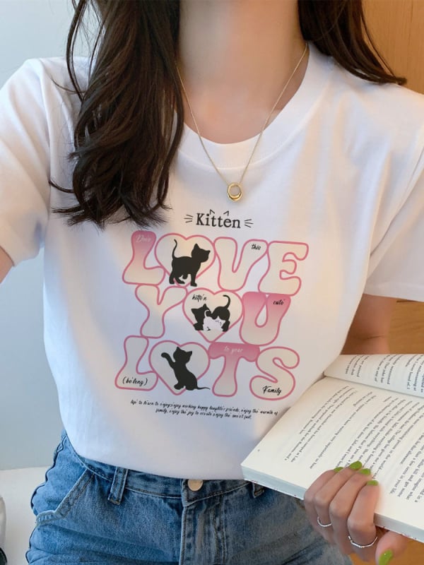 Sieviešu īsrokas T-krekls, Korejas stilā, anime apdruka, Milk Silk audums (≥95% poliester), vidējais garums