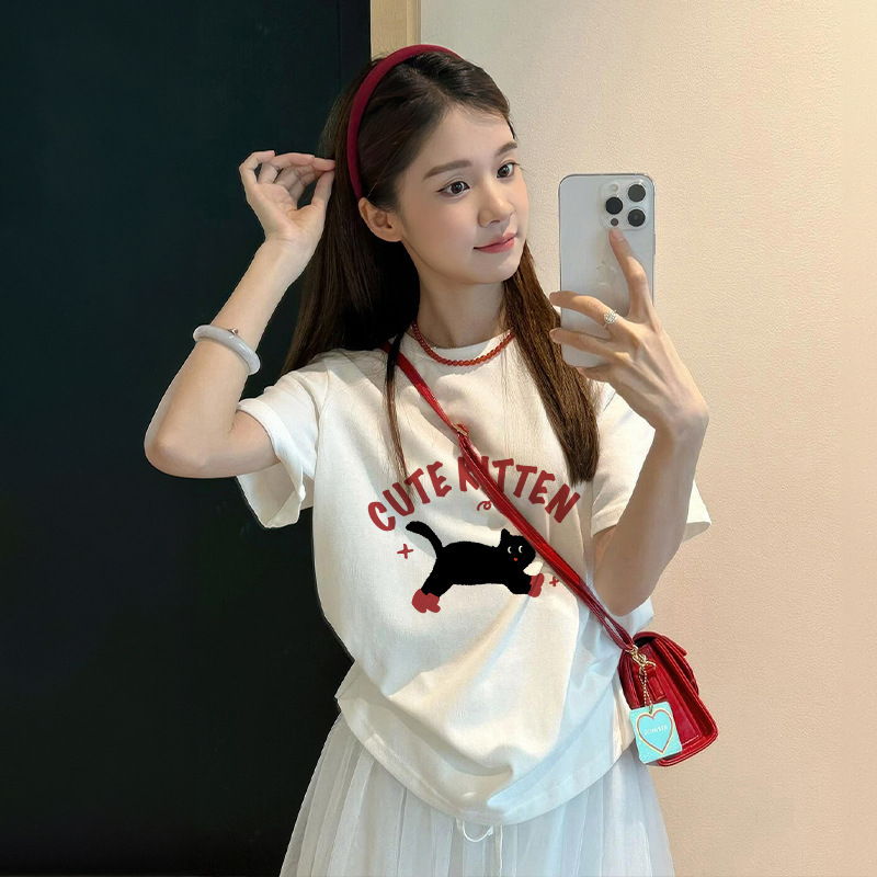 Sieviešu īsrokas T-krekls, Korejas stilā, anime apdruka, Milk Silk audums (≥95% poliester), vidējais garums