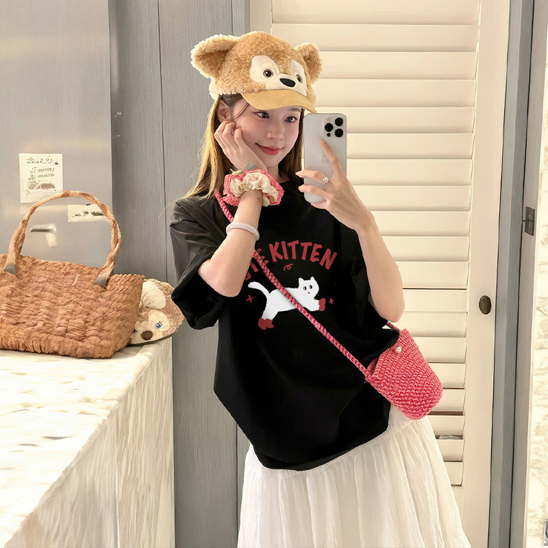 Sieviešu īsrokas T-krekls, Korejas stilā, anime apdruka, Milk Silk audums (≥95% poliester), vidējais garums