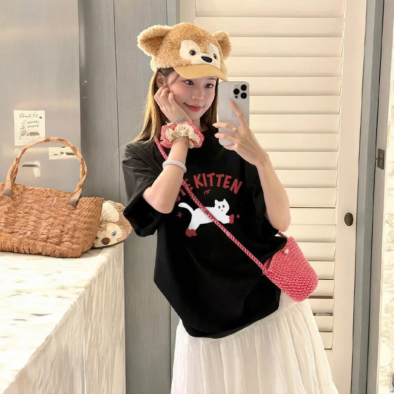 Sieviešu īsrokas T-krekls, Korejas stilā, anime apdruka, Milk Silk audums (≥95% poliester), vidējais garums