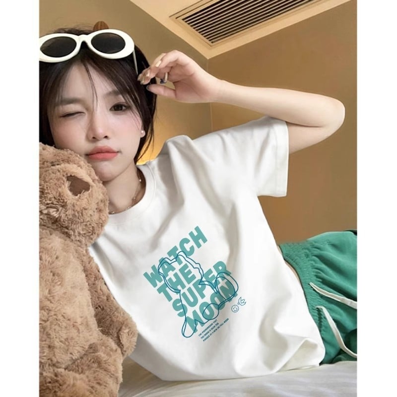 Sieviešu īsrokas T-krekls, Korejas stilā, anime apdruka, Milk Silk audums (≥95% poliester), vidējais garums