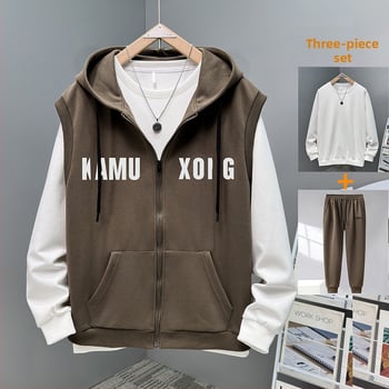 Vīriešu rudens plus izmēra divdaļīgs komplekts: brīvas bikses, kapucēta vestes bez piedurknēm un bez piedurknēm kardigāns, kokvilnas-poliestera materiāls